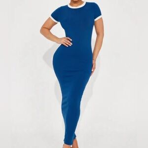 Loren Navy and White Snatched Maxi Dress, Size Small